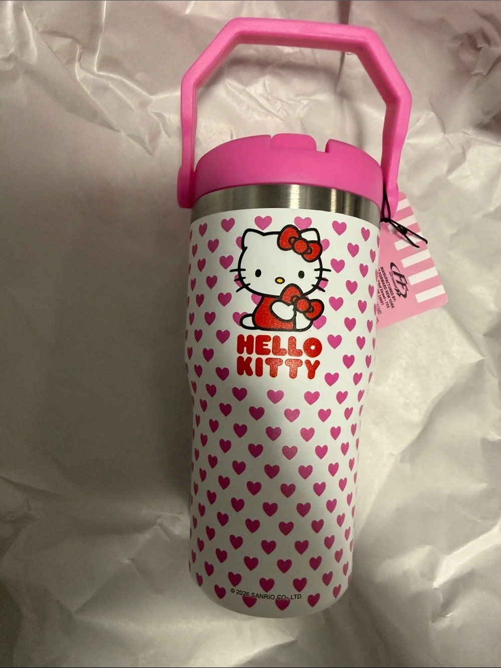 Hello Kitty Pink and White Heart Stainless Kids Bottle with Handle 20oz